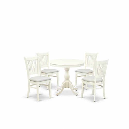 EAST WEST FURNITURE - AMVA5-LWH-C - 5-Piece Dinette Room Set- 4 dining room chairs and Wooden Dining Table - Linen Fabric Seat and Slatted Chair Back (linen white Finish)