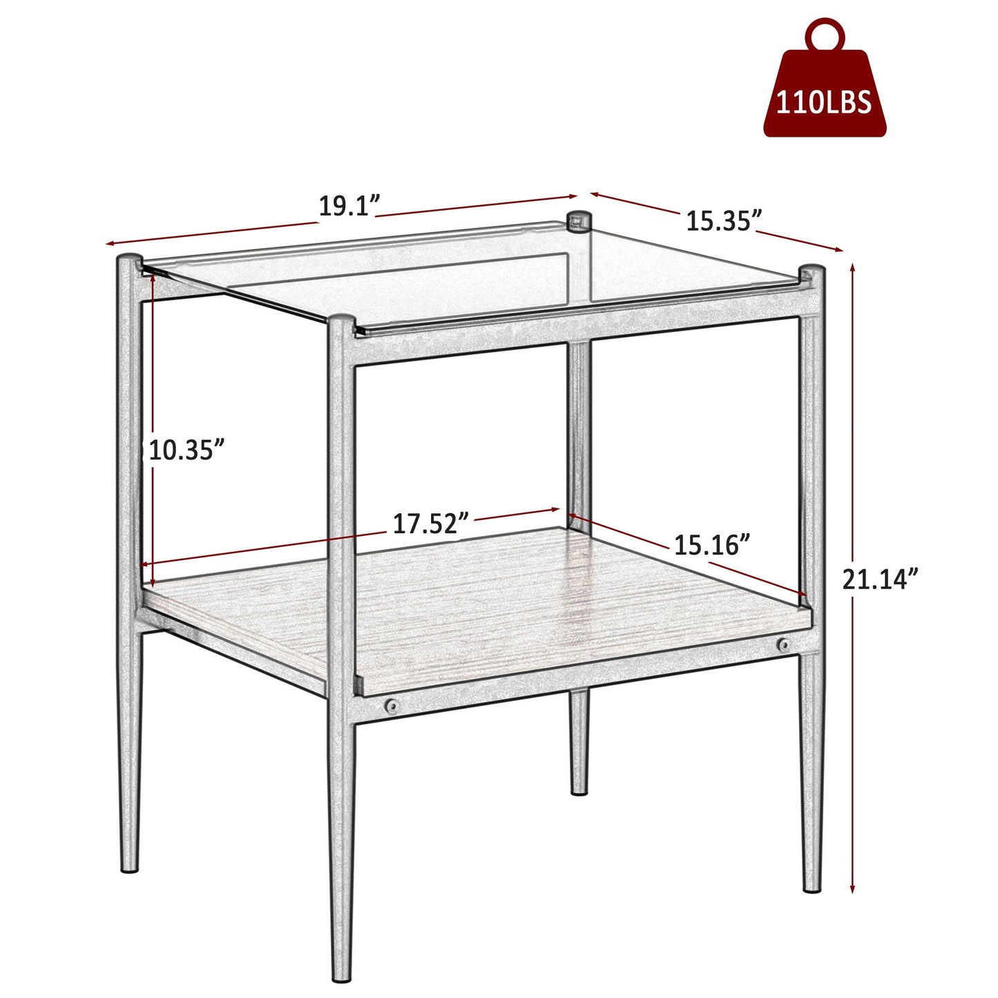 Modern Rectangle End Table (Set of 2) With Tempered Glass Tabletop And Layer - Brown