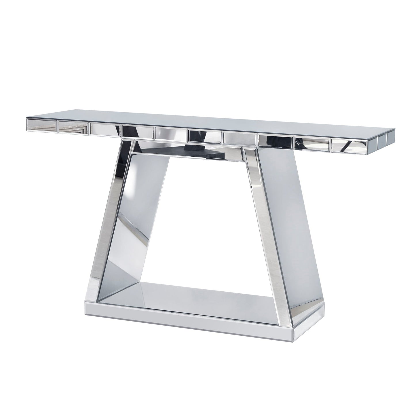 Modern Luxe Full Body Mirror Entryway Table With Trapezoid Base, 360° Reflective Console, Scratch Resistant, Open Storage - Silver