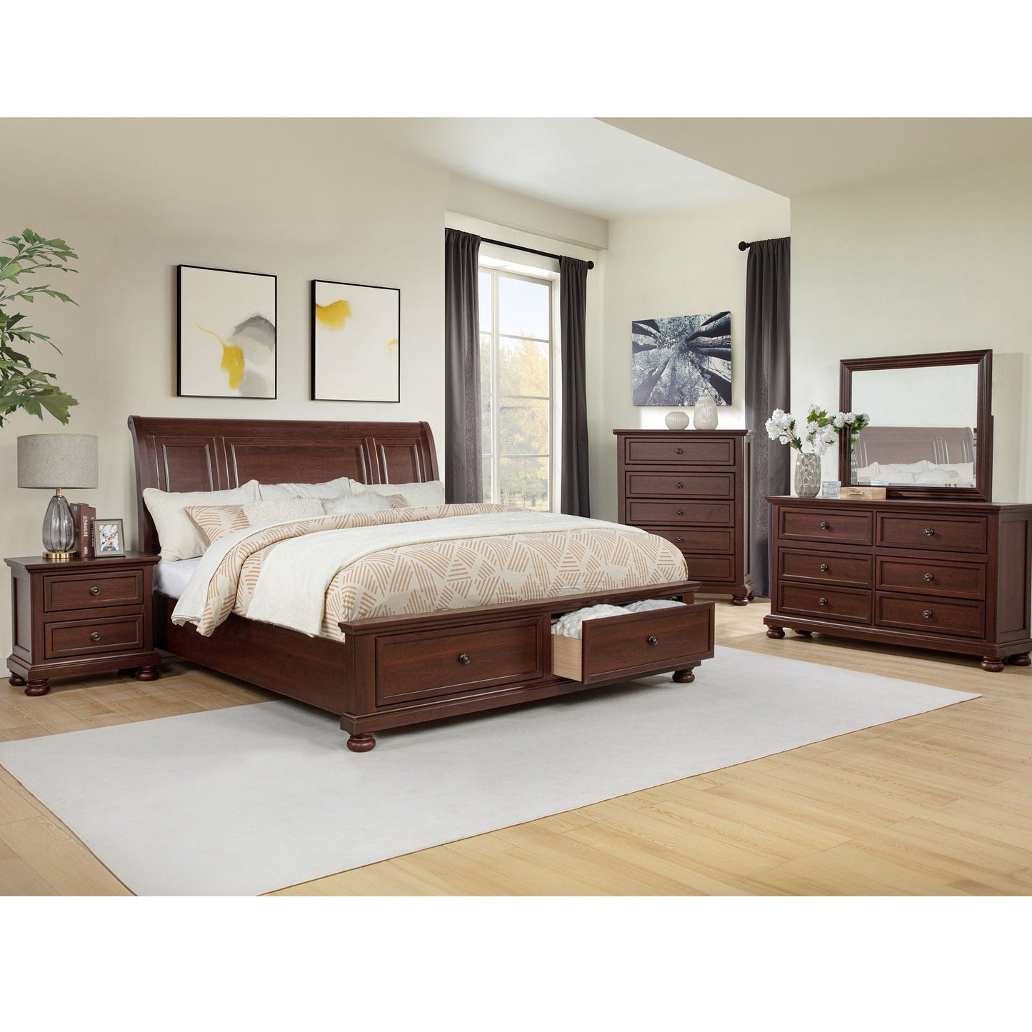 1 Piece Tall Chest, 5 Drawer Storage Bedroom Furniture - Brown / Cherry