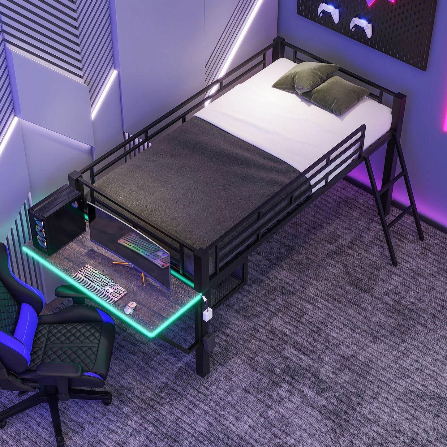 Modern Gaming Mid Loft Bed With Desk And LED Lights