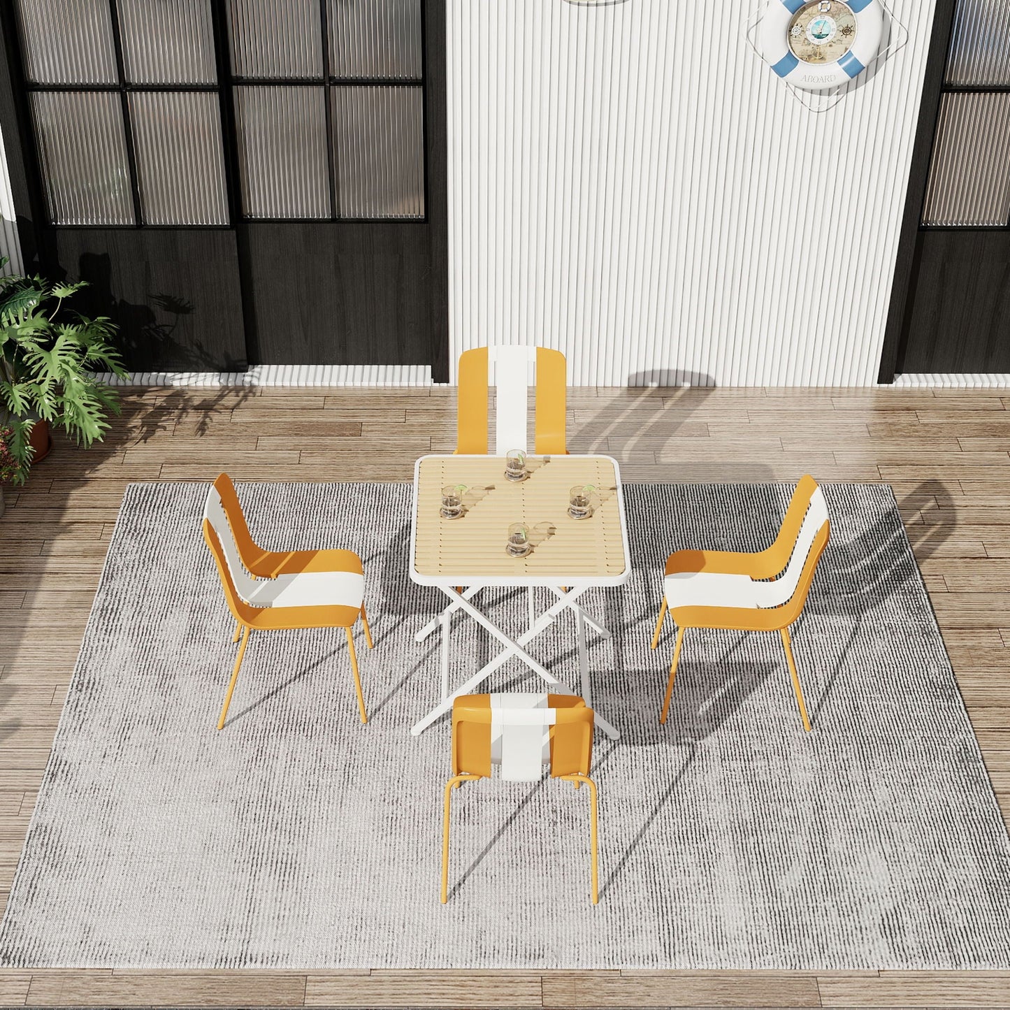 4 Piece Set Of Modern Striped Single Chairs With Folding Square Table