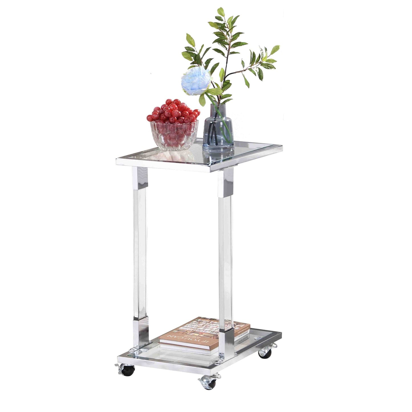 Glass Top C Shape Square Table With Metal Base For Living Room