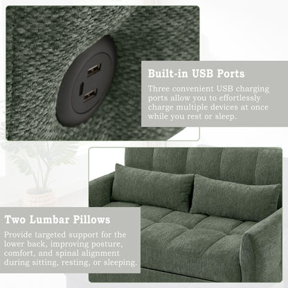 Loveseat Sofa Pull-Out Bed With Adjustable Backrest, 3 USB Ports And 2 Lumbar Pillows For Living Room