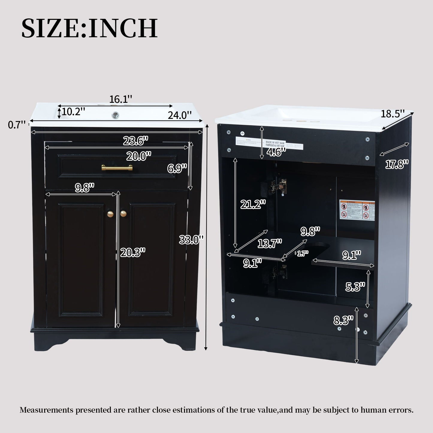 Bathroom Vanity With Integrated Sink, 2 Door Cabinet With Tip Out Drawer, Rectangular Design