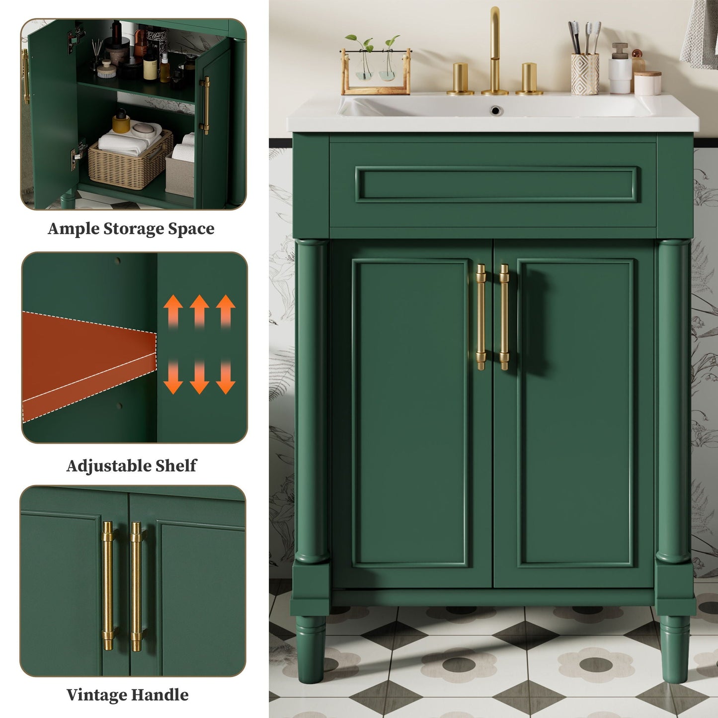 Bathroom Vanity With Integrated Sink, 2 Door Cabinet, Single Sink For Small To Medium Bathrooms