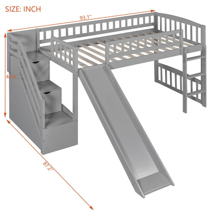 Loft Stairway Bed With 2 Drawers, Convertible Ladder And Slide