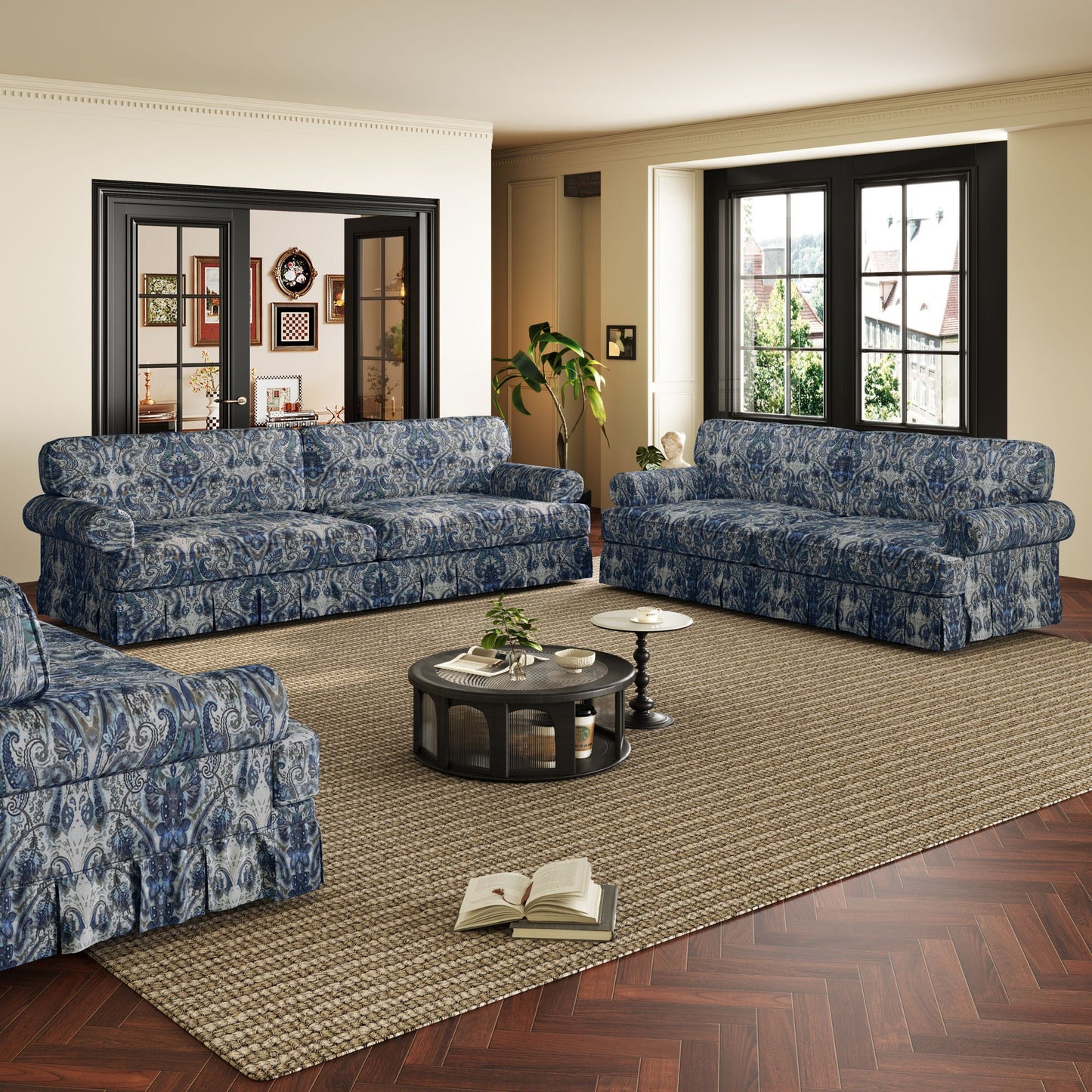 Luxuriously Comfortable Cloud Couch Sofa With Elegant Rolled Arms & Pleated Skirt Design
