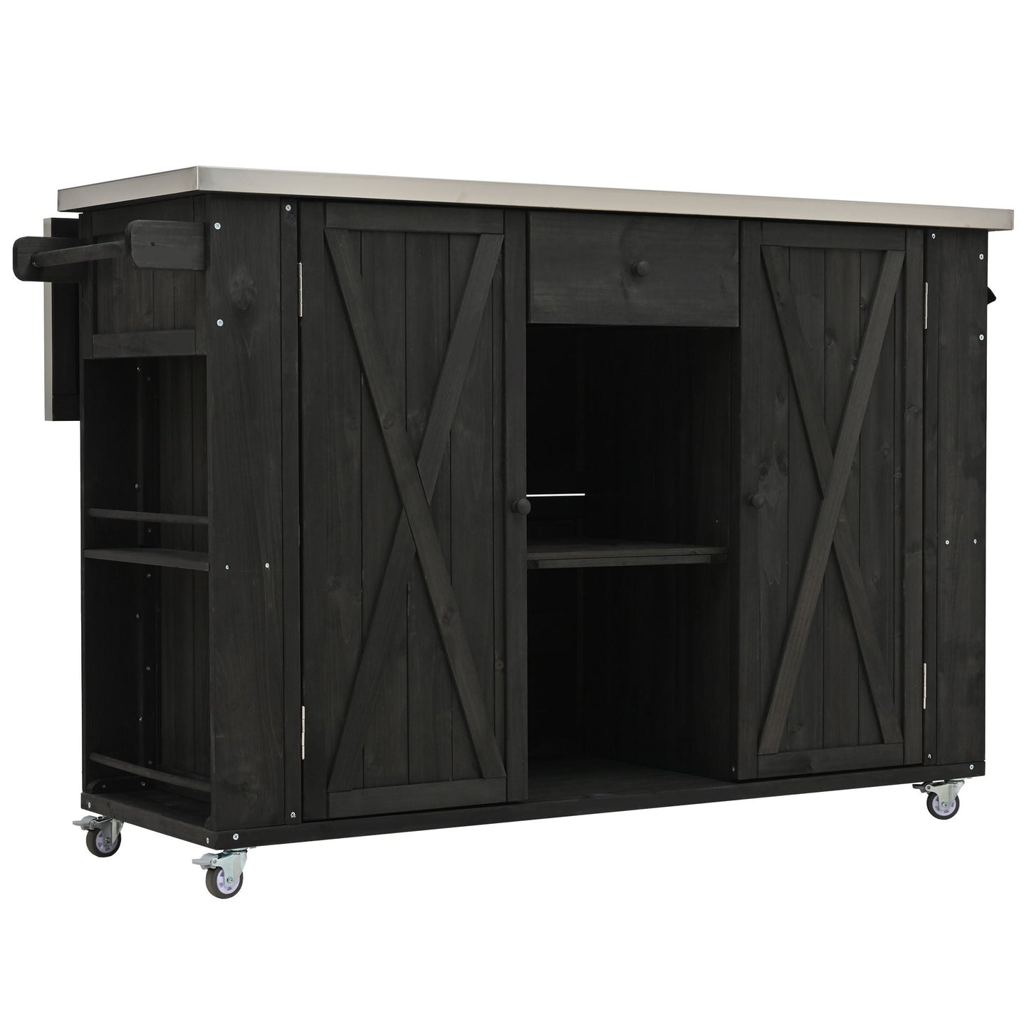 Outdoor Kitchen Island With Stainless Steel Top, Ample Storage Space, Towel And Spice Racks And A Bottle Opener