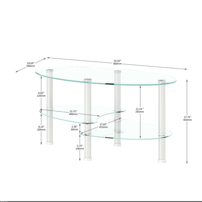 Transparent Oval Glass Coffee Table, Modern Table In Living Room Oak Wood Leg Tea Table 3-Layer Glass Table