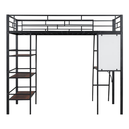 Loft Metal Bed With 3 Layers Of Shelves And Desk, Stylish Metal Frame Bed With board