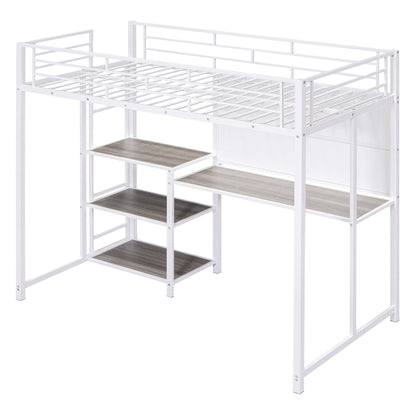 Metal Loft Bed With Desk, 3 Shelves And Ladder