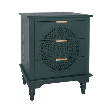 Hollow Carved 3 Drawer Dresser With Metal Handles, Storage Chest For Living Room Or Bedroom - Blackish Green