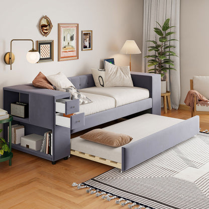 Upholstered Bed With Storage And Twin Trundle, USB Charging Ports