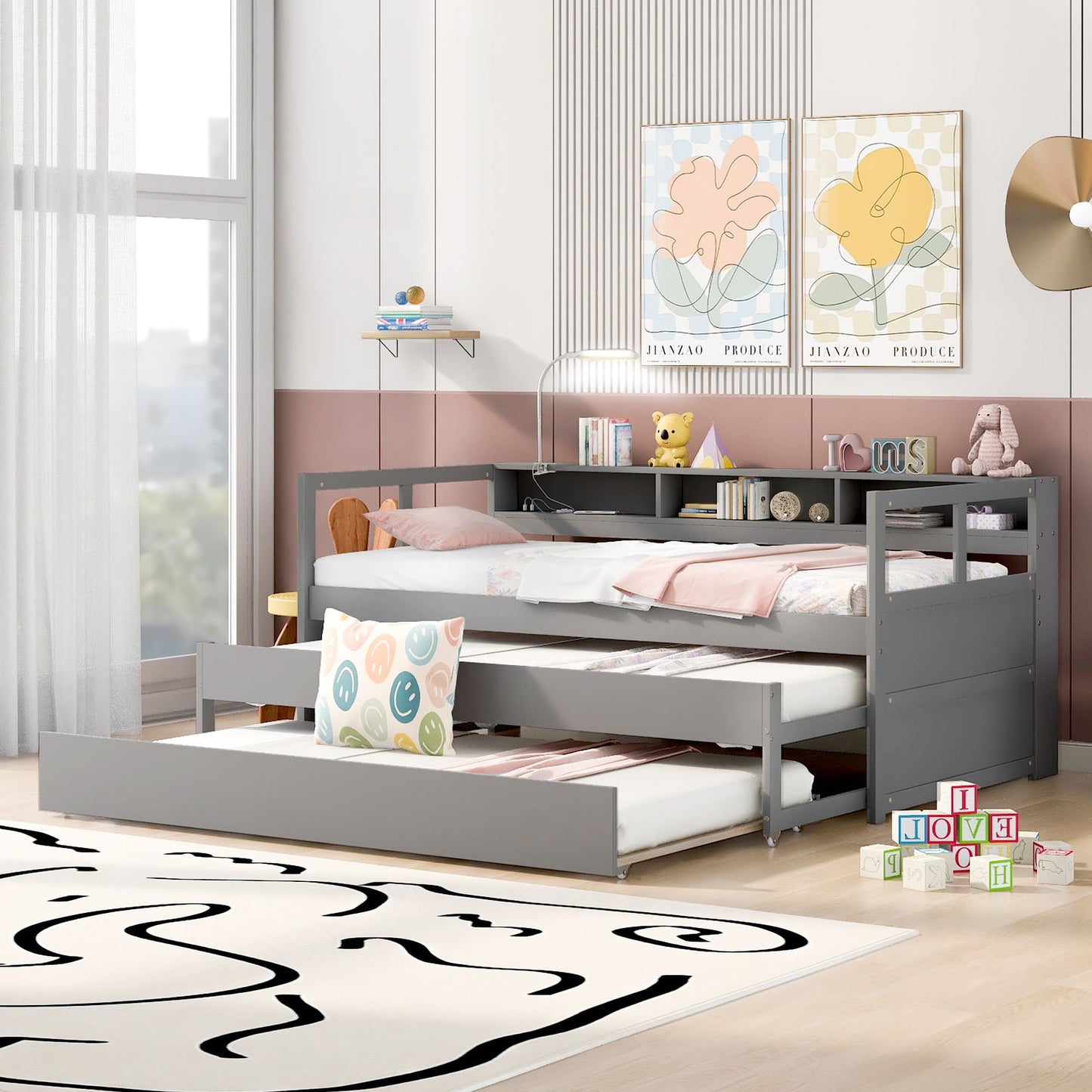 Daybed With 2 Trundles, 3 Storage Cubbies, Built In USB Charging Light