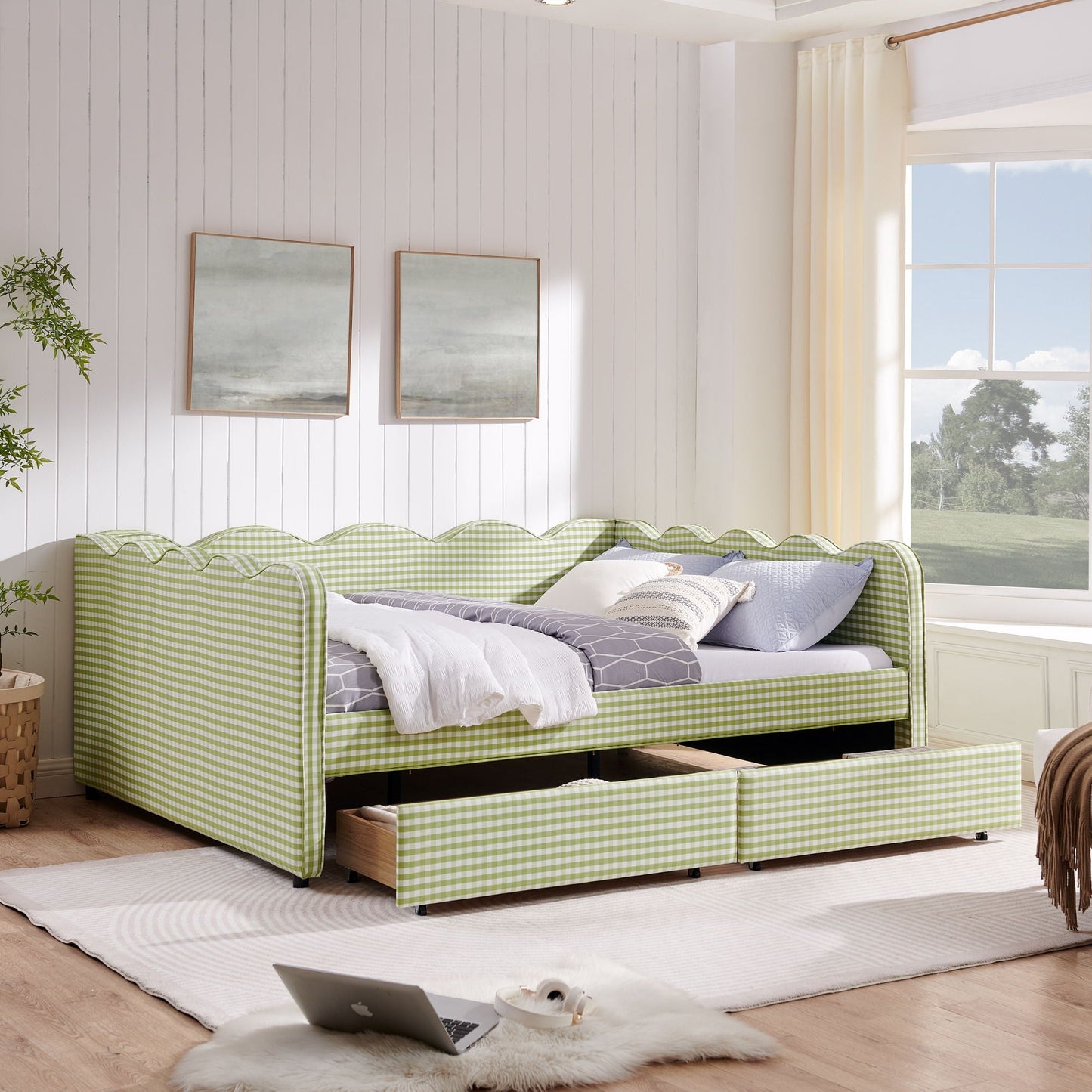 Gingham Daybed With USB Charging Port, Wave-Shaped Design
