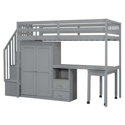 Loft Bed With Stairs, Bookshelf, Drawers, Desk & Wardrobe, Space Saving Multifunctional Furniture