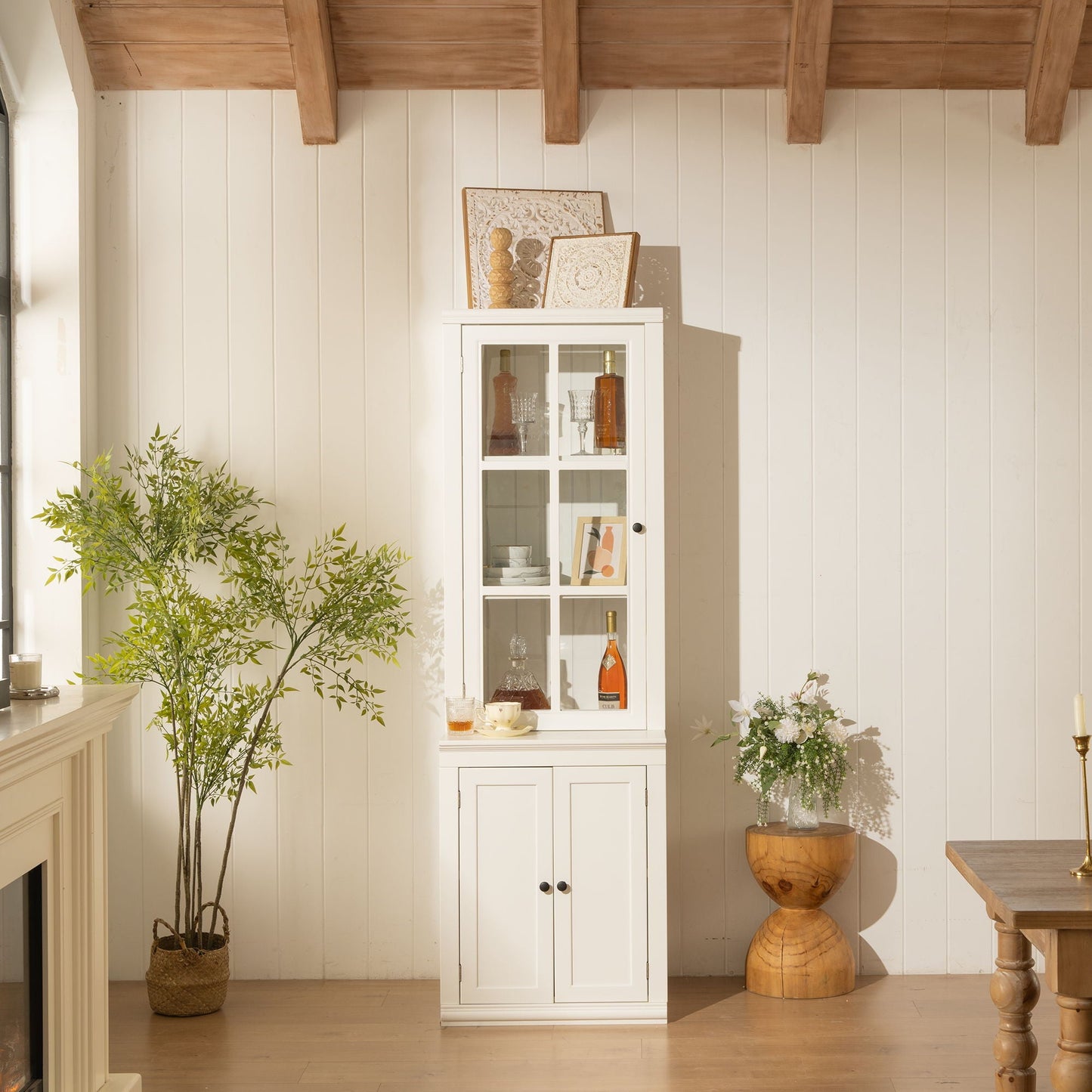Retro Style Hutch Cabinet With Glass Door, China Cabinet For Home