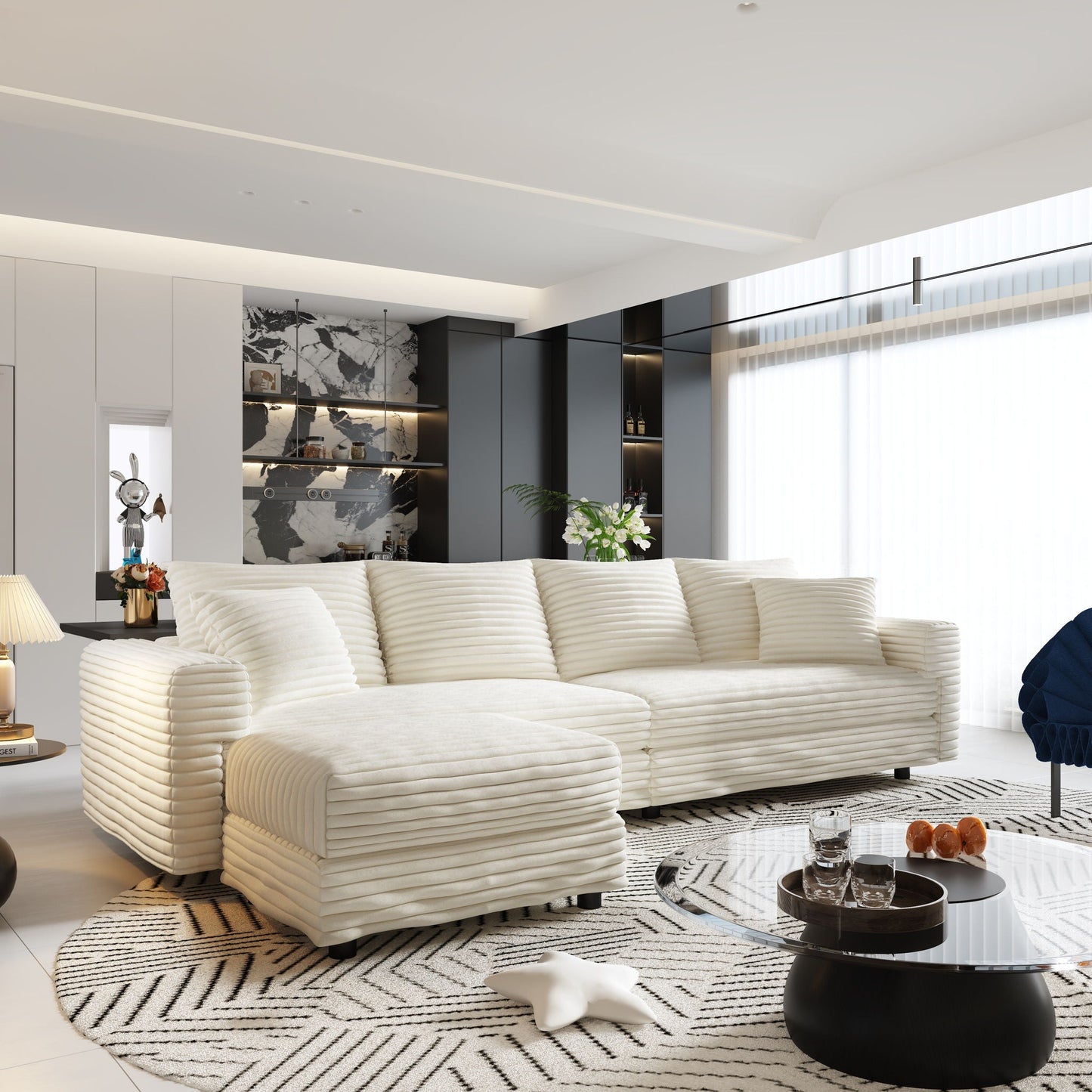 Deep Seat Convertible Sofa With Soft Pillows And Ottomans