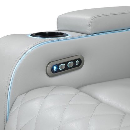Elonzo - Power Motion Loveseat With Console, LED, Power Headrest & Speaker - Light Gray