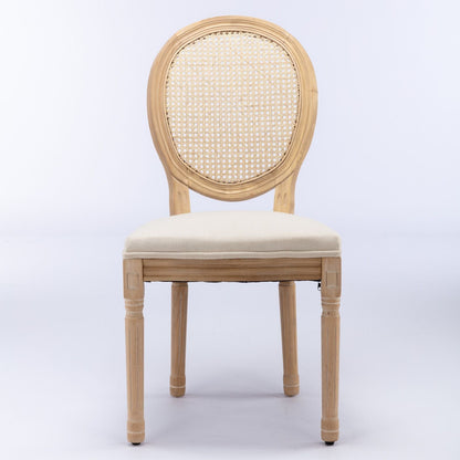 French Style Solid Wood Frame Antique Painting Fabric Rattan Back Dining Chair (Set of 2)