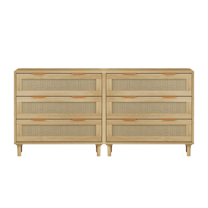 3 Drawers Rattan Storage Cabinet Rattan Drawer, For Bedroom, Living Room, Dining Room, Hallways (Set of 2) - Oak
