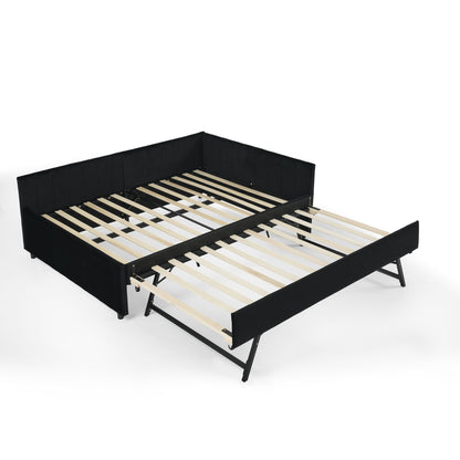 Full Size Upholstered Daybed With Trundle, Tufted Backrest And Armrests - Black