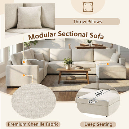 Modular 5 Seat U-Shape Sectional Sofa With Chaise Lounge, Built In Cup Holders And Storage Drawer