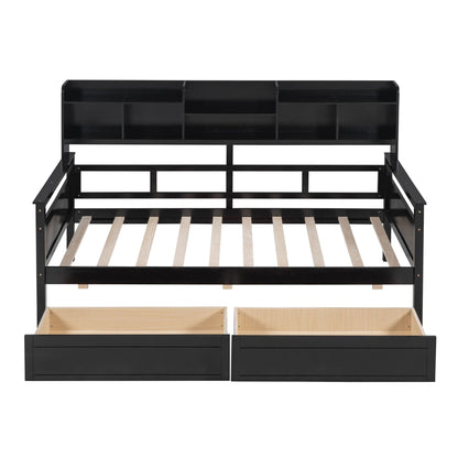 Daybed, Slat Support, With Bedside Shelves And 2 Drawers