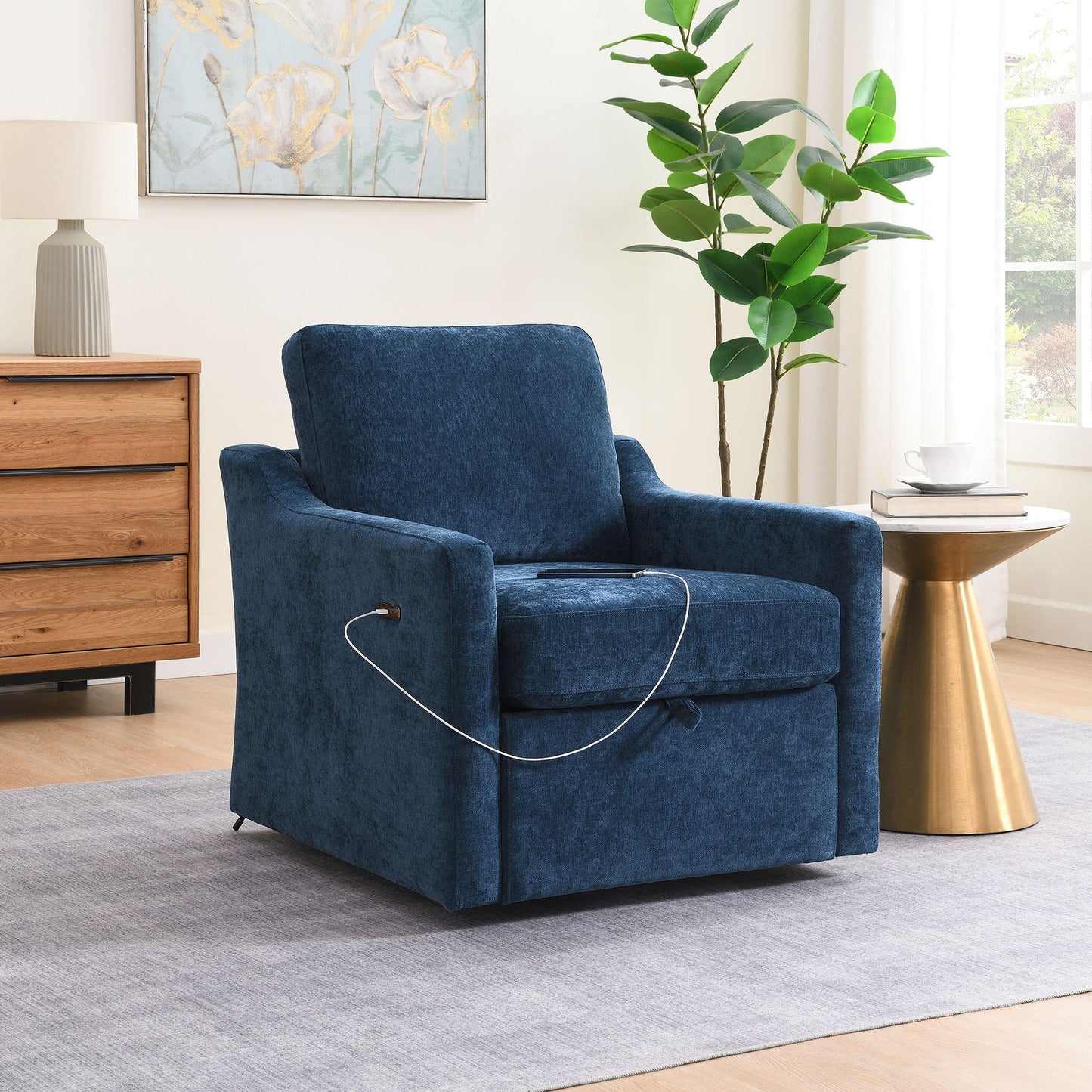 Swivel Arm Chair With USB Type-C Charging And Book Pocket