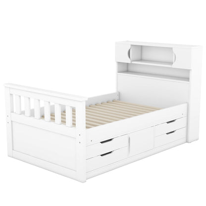 Captain Platform Bed Frame With Storage Bookcases, Shelves, And 4 Drawers