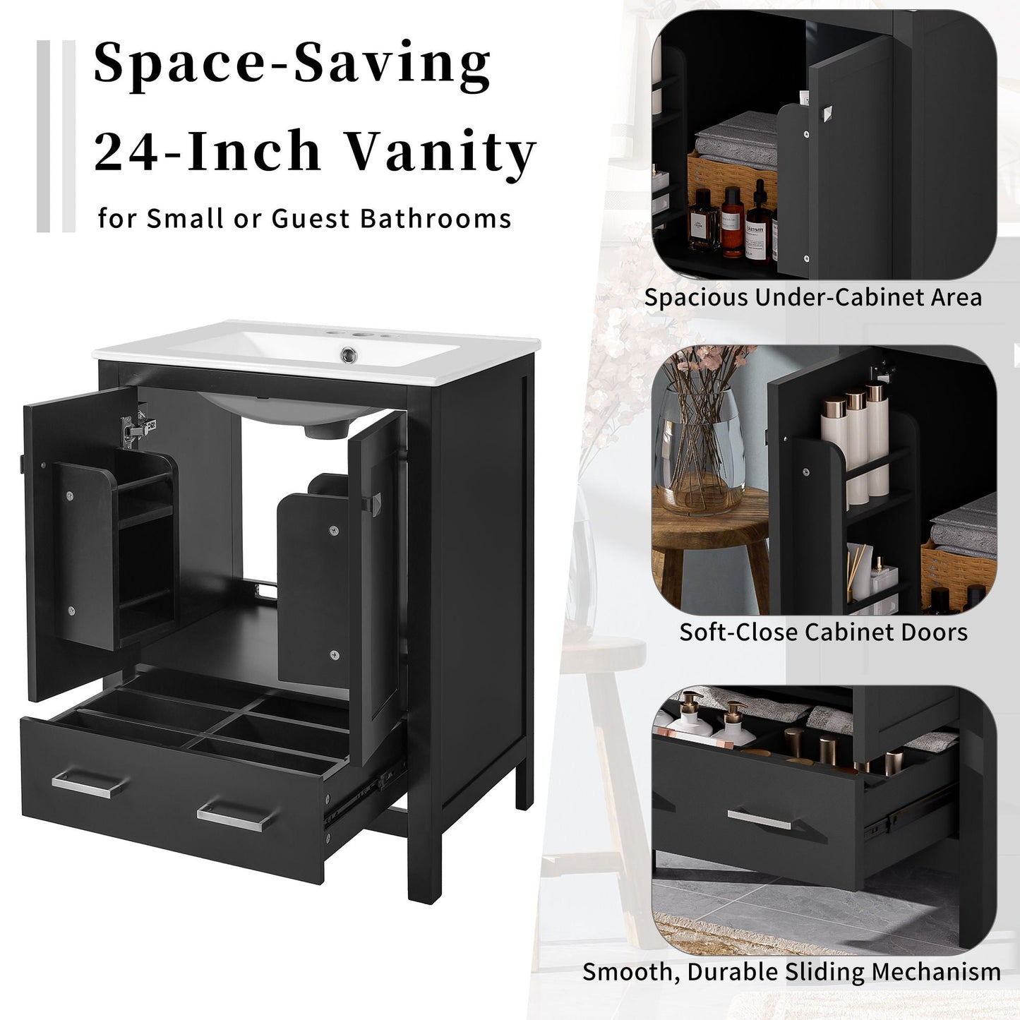 Bathroom Vanity With Integrated Undermount Ceramic Sink, 2 Doors And 1 Drawer, Soft Close Hinges