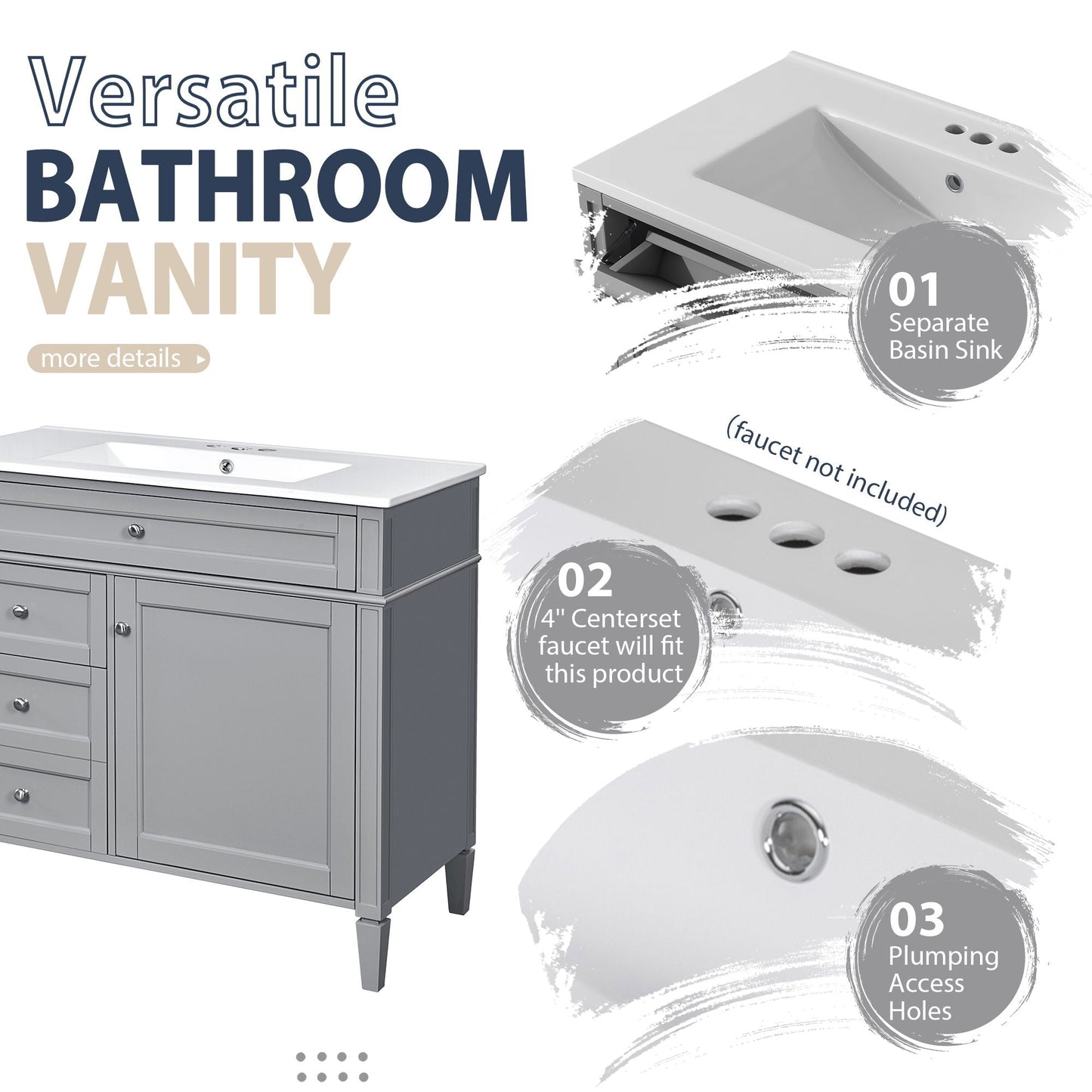 Bathroom Vanity With Mirror Cabinet, Single Sink With 2 Soft Closing Doors And 4 Drawers
