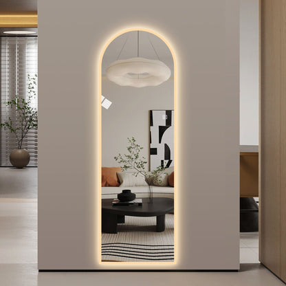 LED Full Length Wall Mirror With Symmetrical Arch Design, Dimmable 3 Color Temperature Lighting - Silver