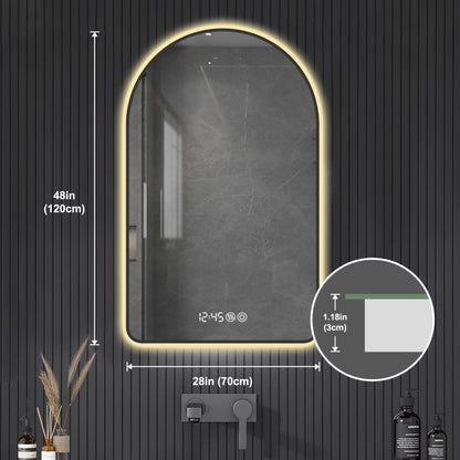 Arched LED Vanity Mirror With Time & Temperature Display, Anti-Fog, Dimmable Backlight In Frame, 3 Color Temperatures