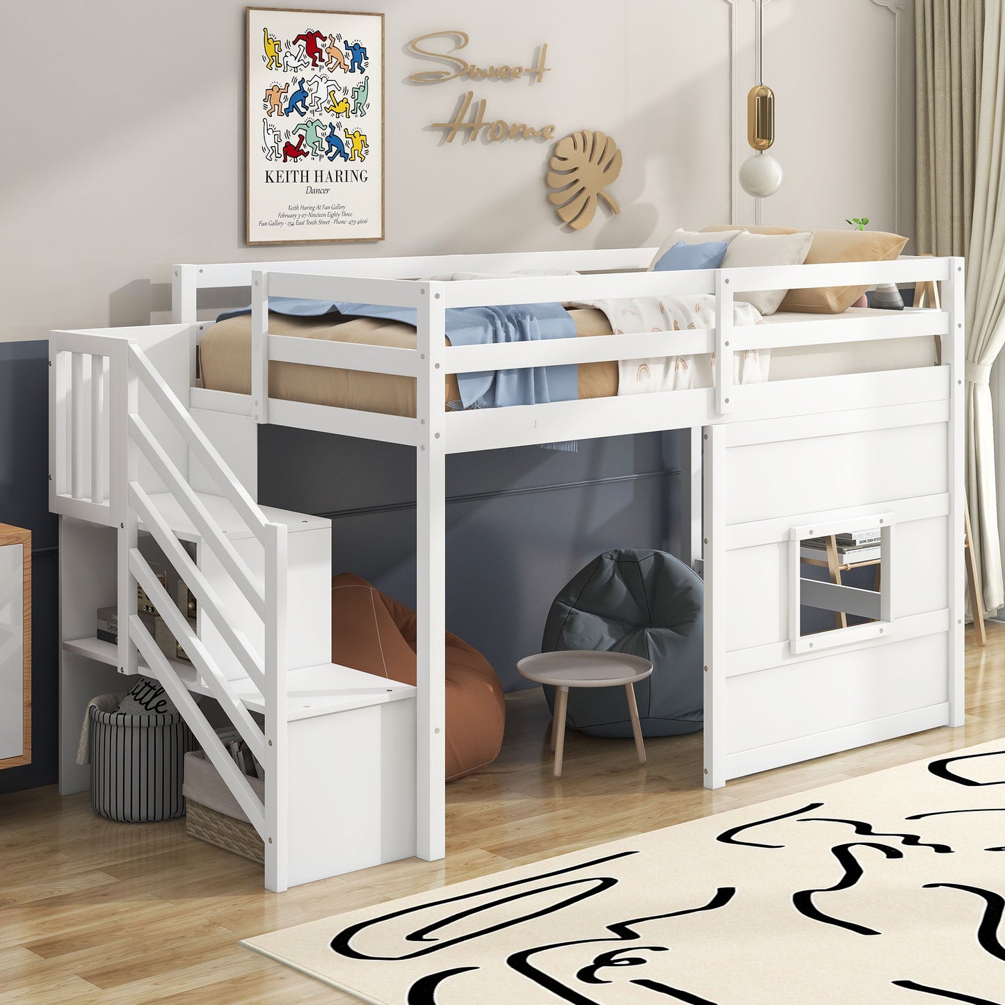Loft Bed With Storage Staircase, Window & LED Light