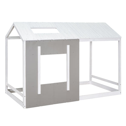 Twin Size House Platform Bed With Roof And Window - Natural / White