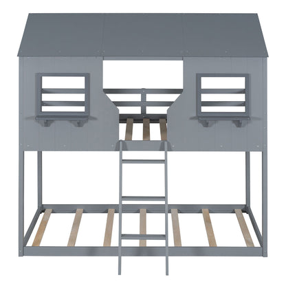 Twin Over Twin Bunk Bed With Roof, Window, Guardrail, Ladder