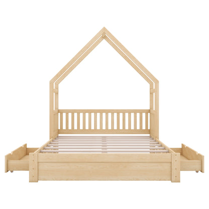 House Style Platform Bed With Guardrail And 2 Drawers