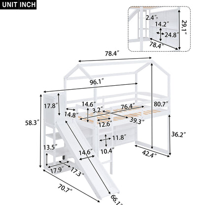 House Loft Bed With Slide, Storage Shelves And Light, Climbing Ramp