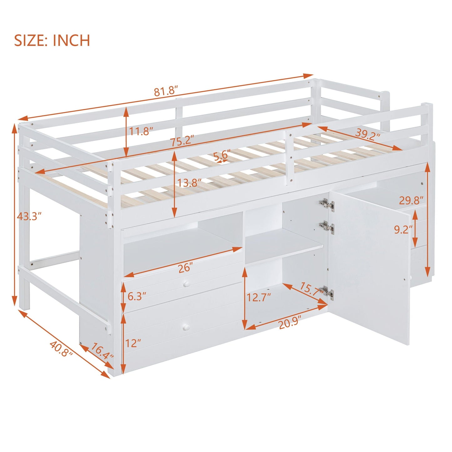 Loft Bed With 4 Drawers, Underneath Cabinet And Shelves