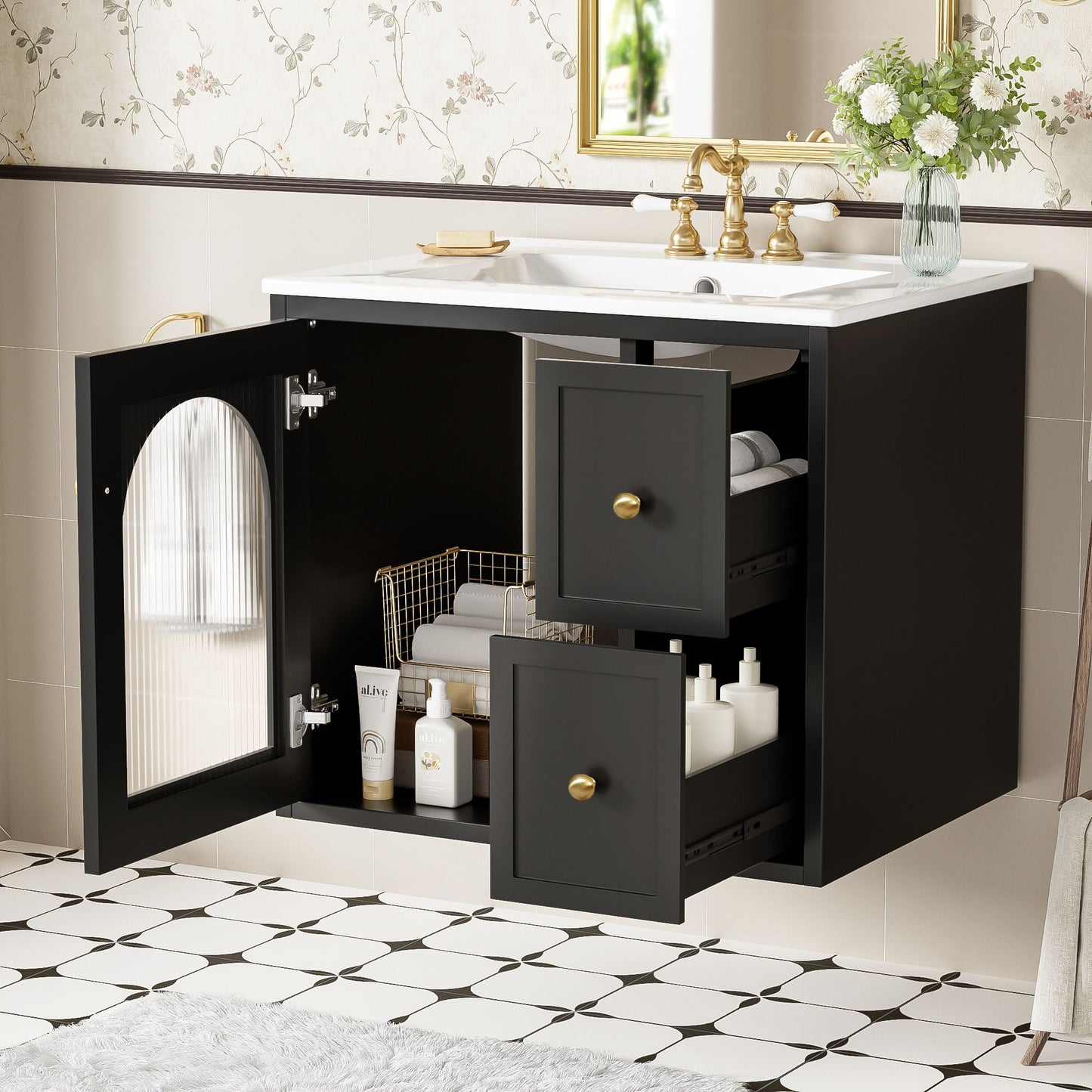 Wall-Mounted Bathroom Vanity Set With Sink, 2 Drawers And Soft-Close Door