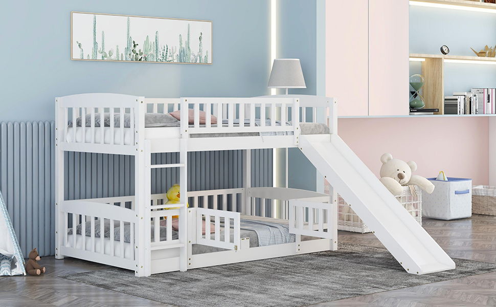 Low Bunk Bed With Slide, Fence And Ladder