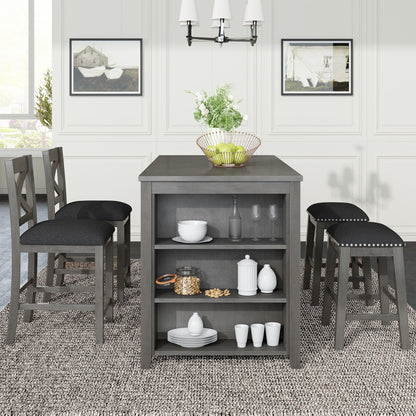 5 Pieces Counter Height Rustic Farmhouse Dining Room Wooden Bar Table Set With 2 Stools And 2 Chairs