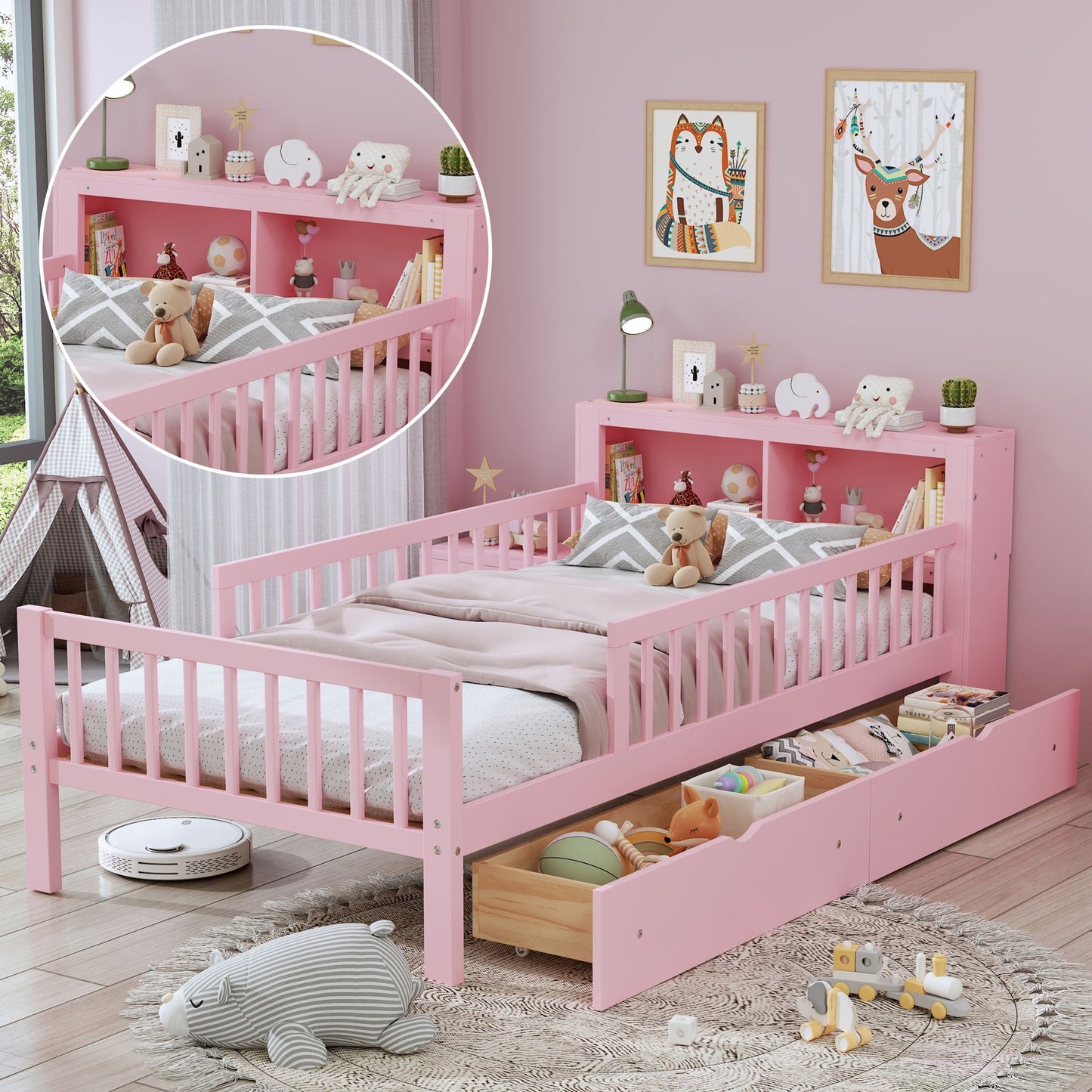 Bed With Headboard Storage Rack, 2 Under Bed Drawers, 3 Side Guardrails For Safety
