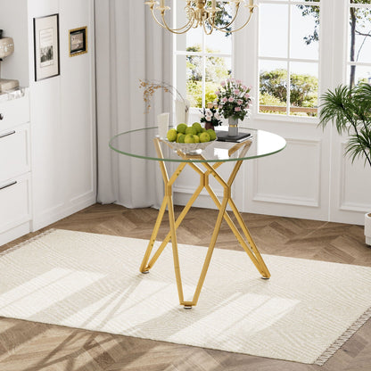 Modern Round Tempered Glass Dining Table With Sturdy Metal Legs For 1 - 4 People - Gold