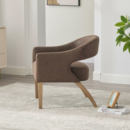 Upholstered Open Back Armchair With Weathered Rubberwood Legs