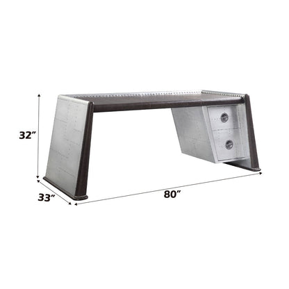 Brancaster - Executive Writing Desk - Distress Chocolate Top Grain Leather & Aluminum