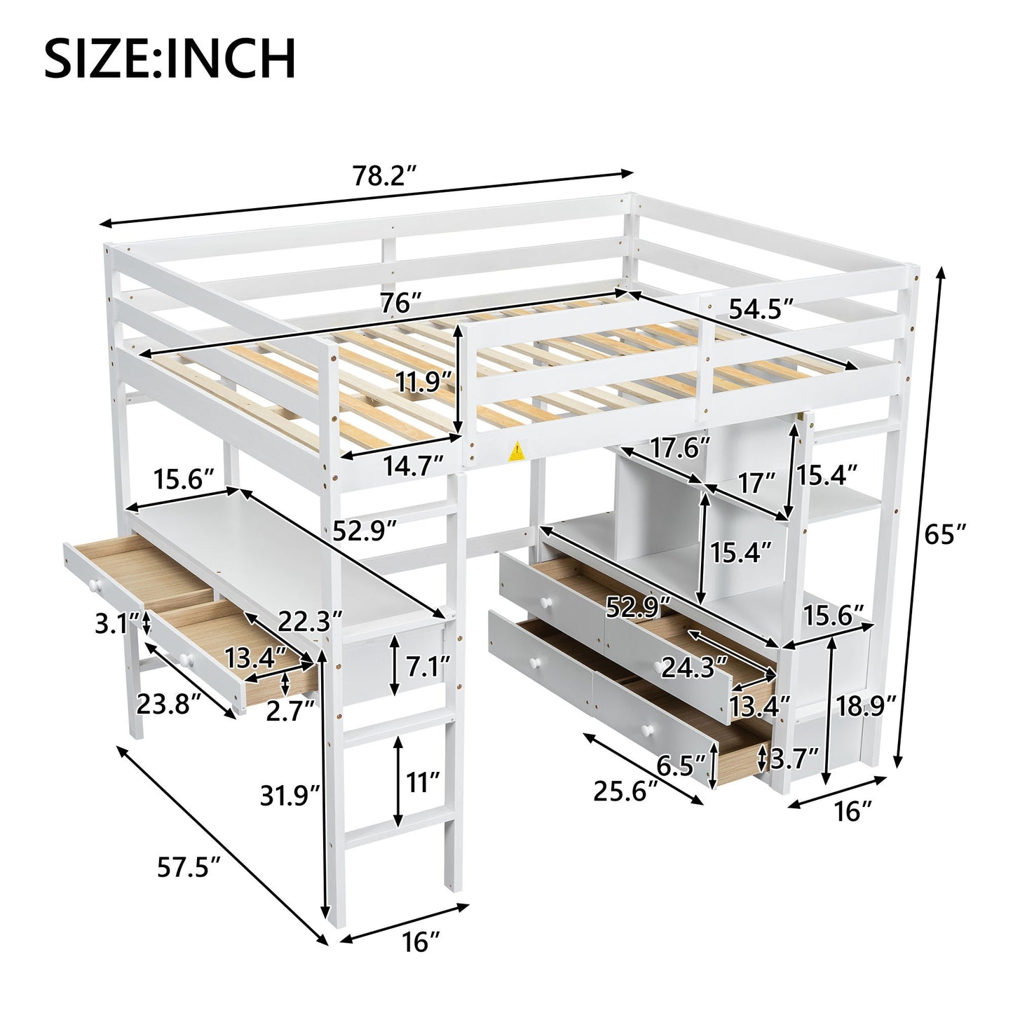 Full Size Loft Bed With Built In Desk, 2 Drawers, Storage Shelves - White
