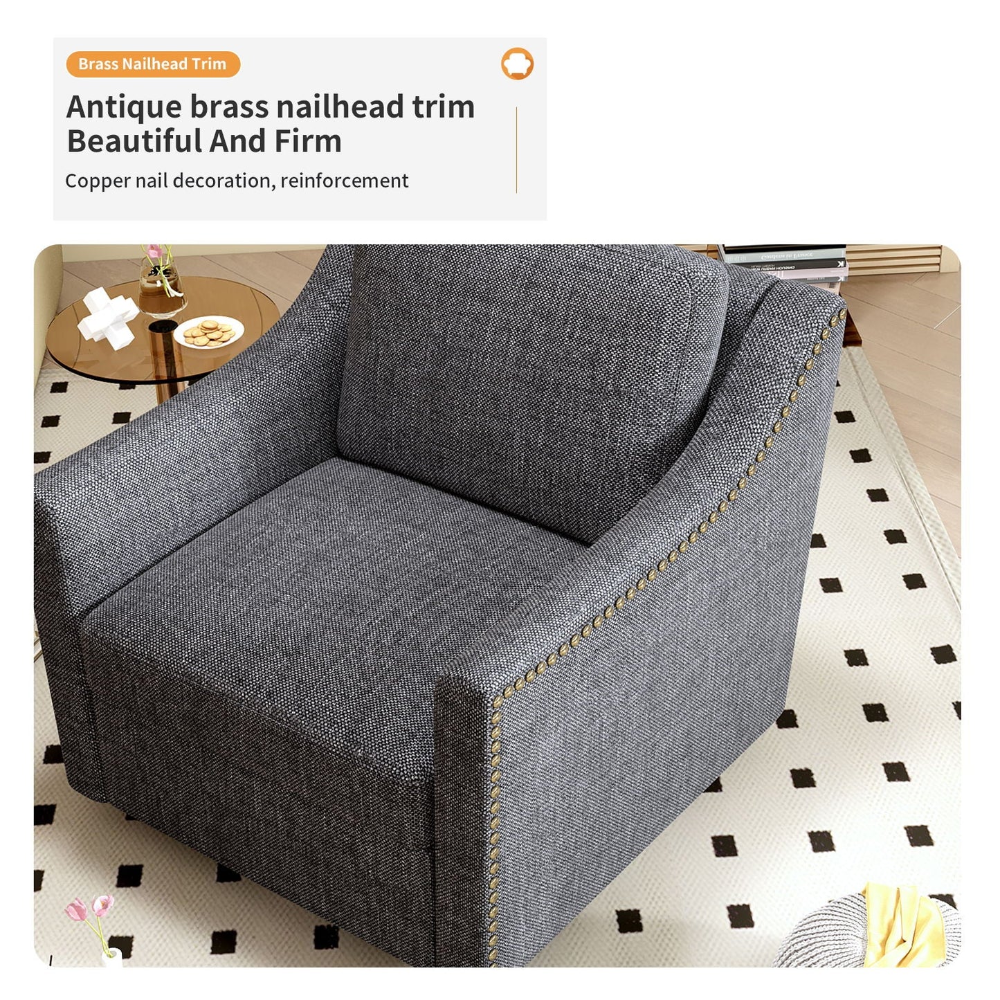 360 Degree Swivel Armchair, Skin Friendly Fabric, Ergonomic Design, Brass Nail Decorative Armchair